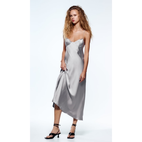 Zara grey silver satin effect cut out slip dress - Picture 2 of 7